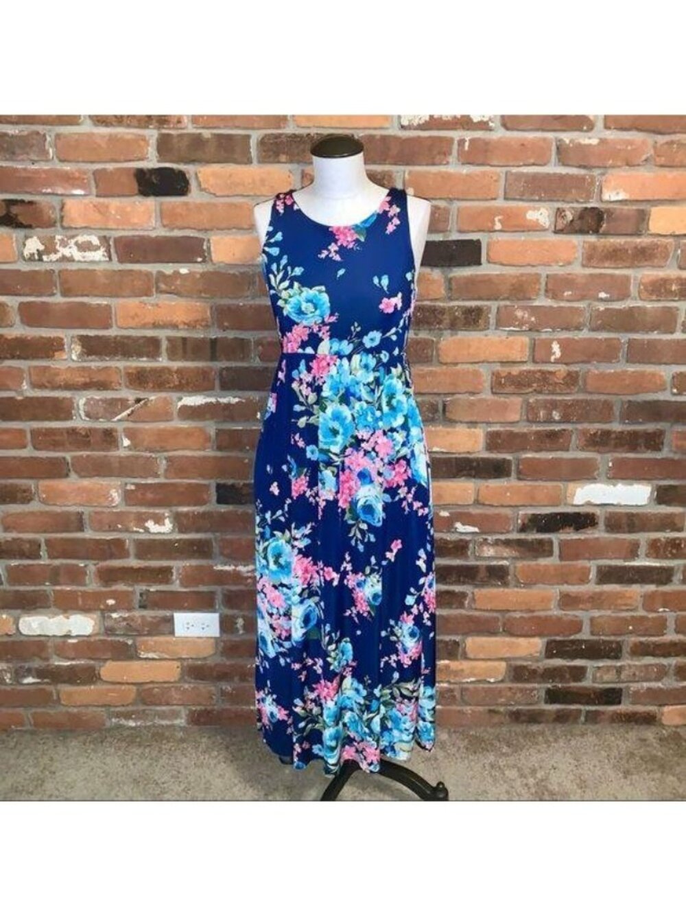 Bellamie Womens Blue Floral Sleeveless Racerback Maxi Dress Size Small